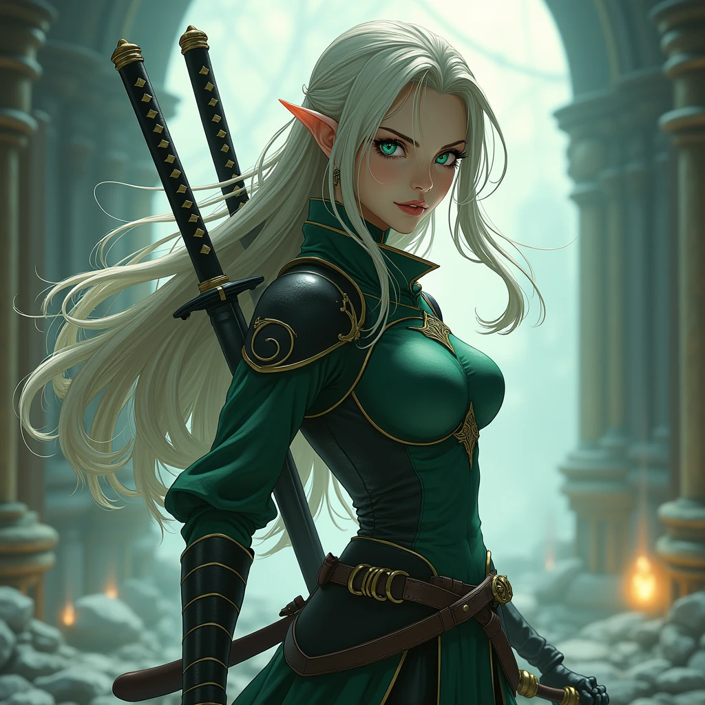 a elf woman with two sword, Katana Zero video game character, female protagonist Official character illustrations, female assassin, dramatic katana pose, Knights, female anime character, katanas strapped to her back, samurai, 2b, unsheathing her katana, Female action anime girl, none background