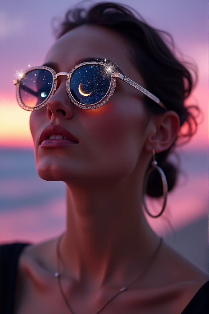 The model is wearing glass sunglasses with stars and the moon on the glass