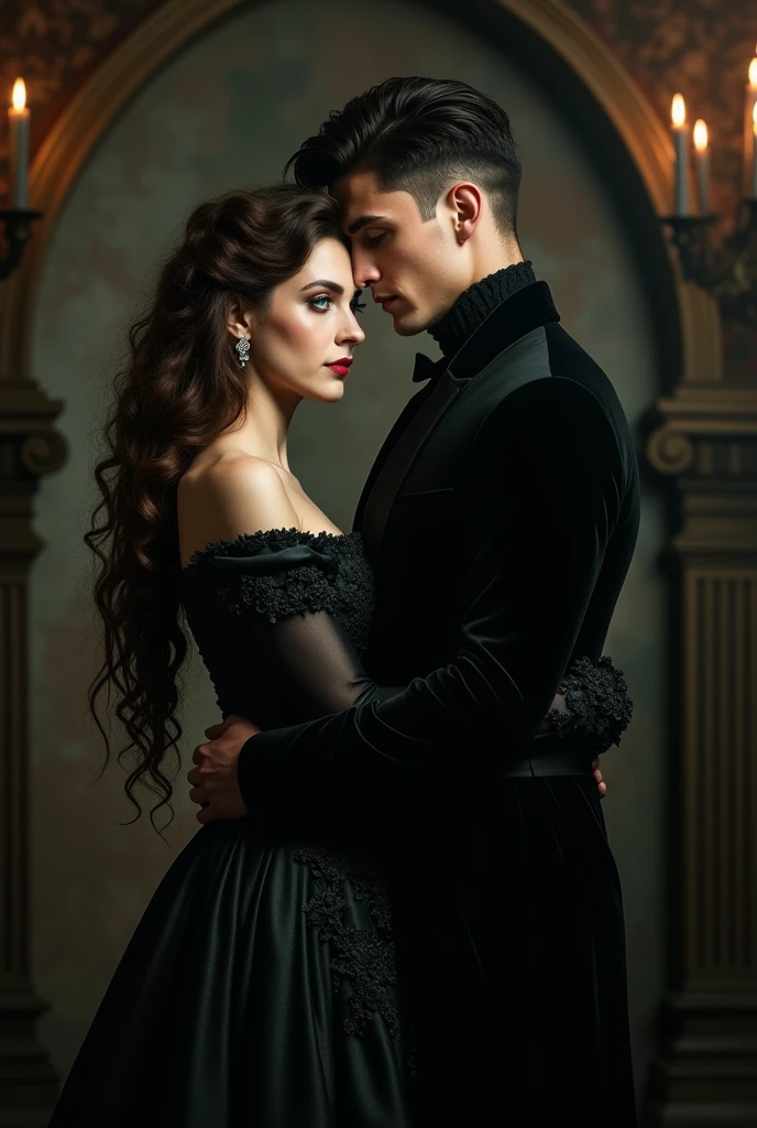 A Victorian couple, elegant, dark, vampire, holding each other, dark aesthetic, vampire aesthetic, book cover aesthetic, kings close

Woman: long hair, curly, brown hair, not much volume, english, Anthrazit dress, elegant, 23,
Guy: black hair, short hair, black clothing, Nobility, 24, masculine features, sharp jawline, green eyes, Welsh, whiskey, hot