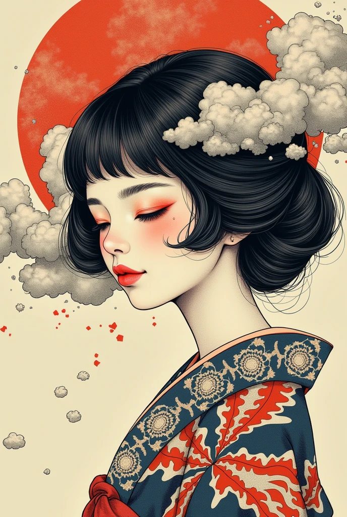 masterpiece,top quality,best quality,official art,beautiful and aesthetic,(1 japanese girl),extreme detailed,(fractal art:1.3),colorful,highest detailed, portrait, in the illustrative style of moebius, sci-fi, fantasy, hair made of clouds, line drawing, detailed illustration, thin black outlines, 1920s, vintage, retro, black and white, monochrome,