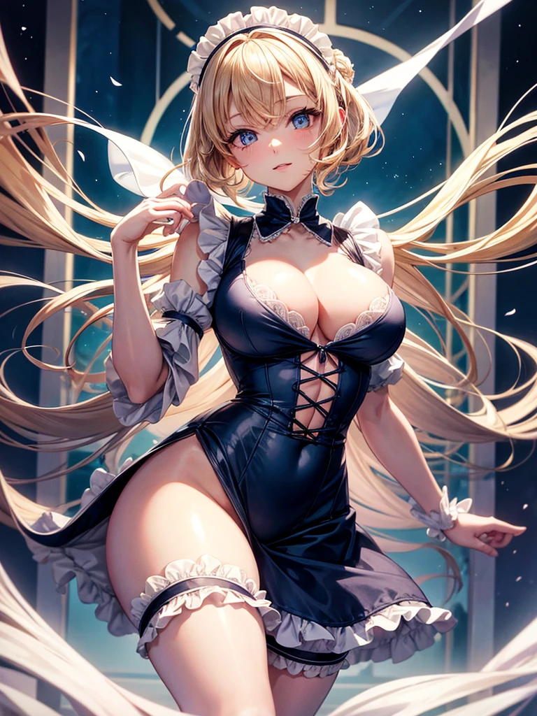 Anime style, super fine illustration, super clear illustration, highly detailed, beautiful detailed, super pale tone image, super delicate illustration, super calm & static image, sexy posing image, static representation, gentle expression, 8k, angle from behind, pretty 1girl with blonde straight short hair & blue eyes & a bright smile & Big breasts & wide hips & pink nipples & soft fair skin is wearing the cute Victorian maid dress not to show her skin in the urban room, in the midnight, night view throught the window, solo, perfect fingers, perfect arms, perfect legs, masterpiece.