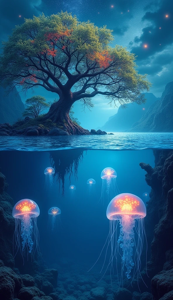 Imagine an endless ocean with no horizon, where the sky and sea merge into a seamless gradient of deep blues and silvers. Giant, translucent jellyfish float just beneath the water's surface, their tendrils glowing softly. In the distance, enormous, ancient trees rise from the water, their roots extending deep into the ocean. The leaves of the trees shimmer with bioluminescent patterns, lighting up the night like a mystical forest.