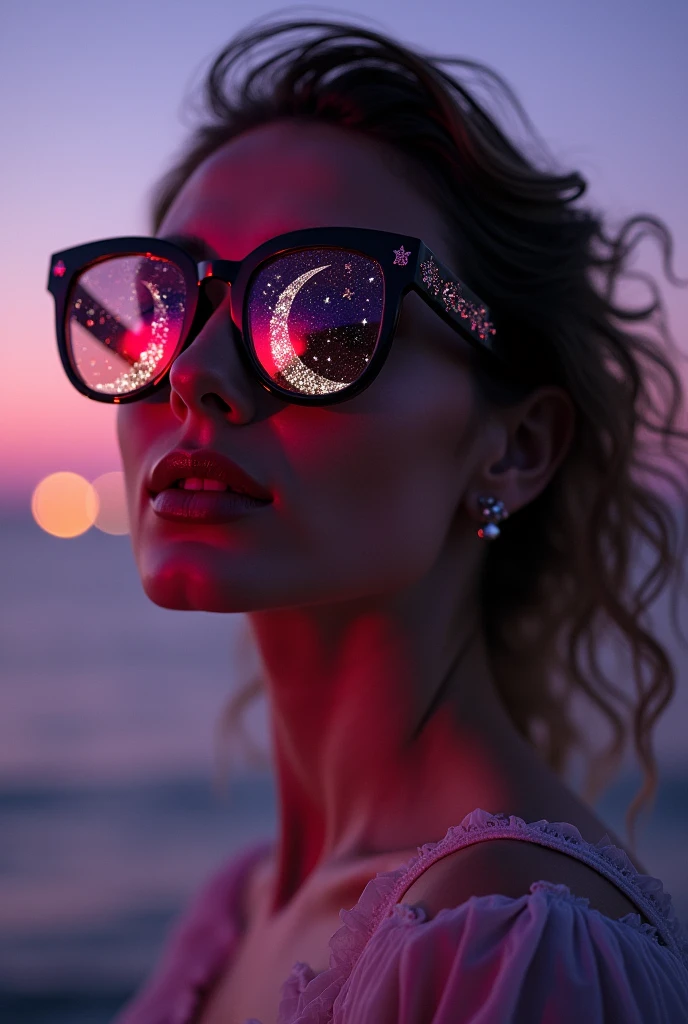The model is wearing glass sunglasses with stars and the moon on the glass