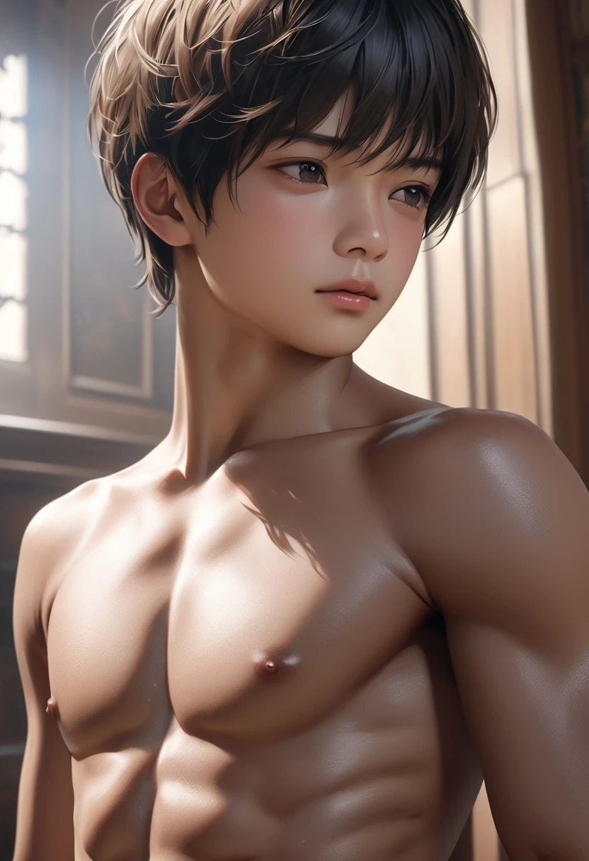 high quality, detailed, Photorealistic,( Tanned Japanese schoolboy), (detailed black eyes), (Black short hair),(Abdominal muscles),(Tanned dark brown shiny skin:1.4), Flat Chest, Black small T-back,(detailed nipples), Palace Bedroom, (最high quality,4K,8k,High resolution,masterpiece:1.2), (Face close-up:0.8),(Realistic,photoRealistic,photo-Realistic:1.37),