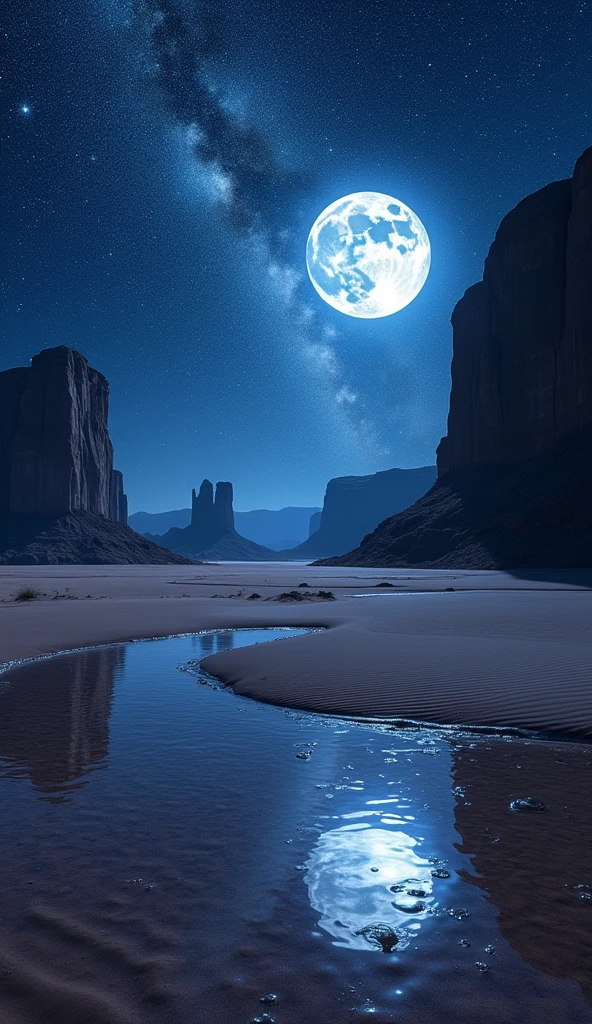 Imagine a vast desert under a night sky filled with more stars than you’ve ever seen. The stars appear so close you could almost touch them, and they reflect in the smooth, mirror-like sand below. In the distance, gigantic rock formations shaped like ancient creatures loom, their surfaces glowing faintly with an inner light. An enormous, luminescent moon hangs low on the horizon, casting long, eerie shadows across the landscape.