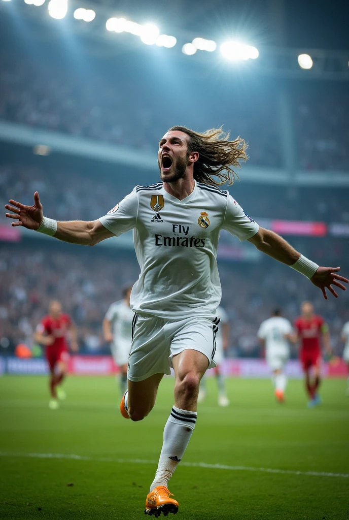 an image of Gareth Bale running with his arms outstretched and his long hair celebrating after scoring in the 2018 ucl final