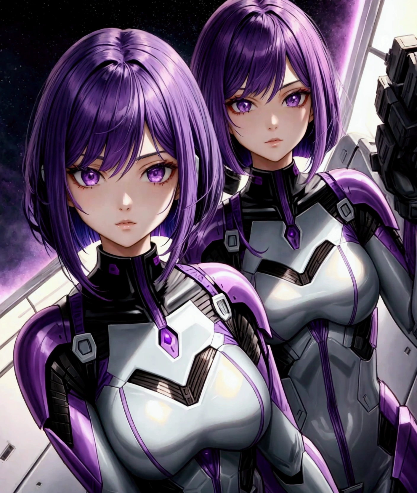 Purple colored hair Bob length hair Straight Hair Purple eyes beautiful girl Sci-fi anime Fighting Women Skin-covering combat suit