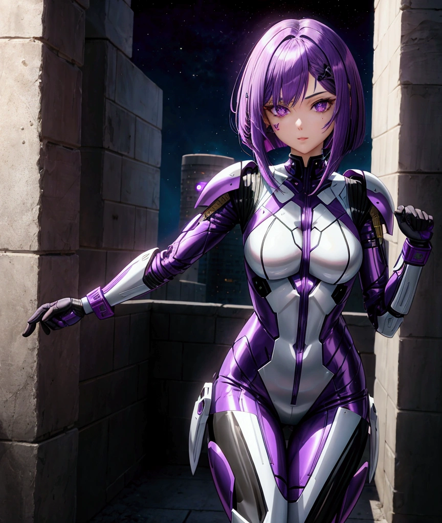 Purple colored hair Bob length hair Straight Hair Purple eyes beautiful girl Sci-fi anime Fighting Women Skin-covering combat suit