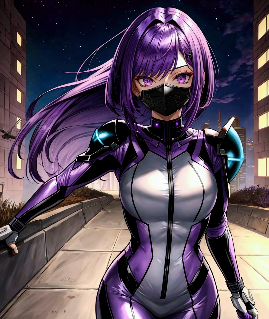 Purple colored hair Bob length hair Straight Hair Purple eyes beautiful girl Sci-fi anime Fighting Women Skin-covering combat suit
