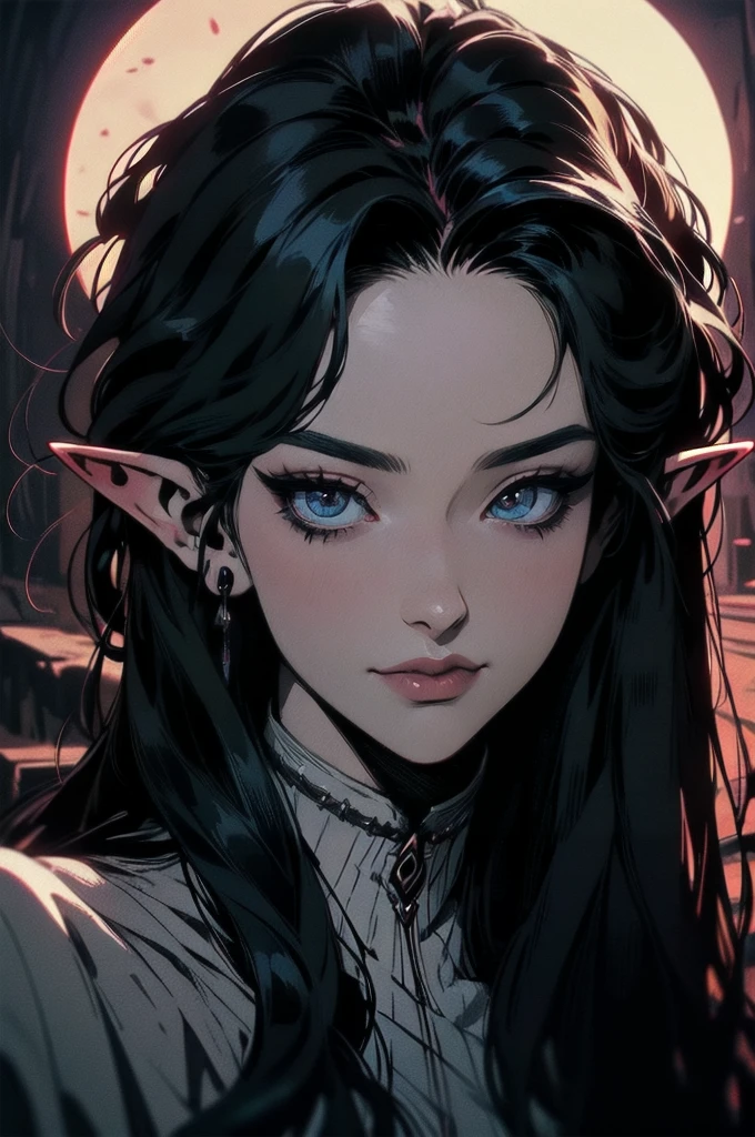{ - anatomy error}(Masterpiece - Ultra-detailed, very high resolution)moonlight, hyper-realistic of a mysterious woman with flowing black hair, ears of elf, piercing opal eyes, and a delicatelace crown, delicate smile, upper body,
