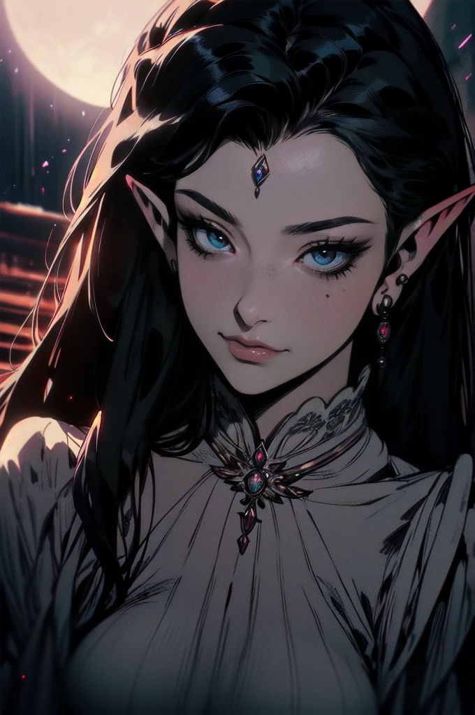 { - anatomy error}(Masterpiece - Ultra-detailed, very high resolution)moonlight, hyper-realistic of a mysterious woman with flowing black hair, ears of elf, piercing opal eyes, and a delicatelace crown, delicate smile, upper body,