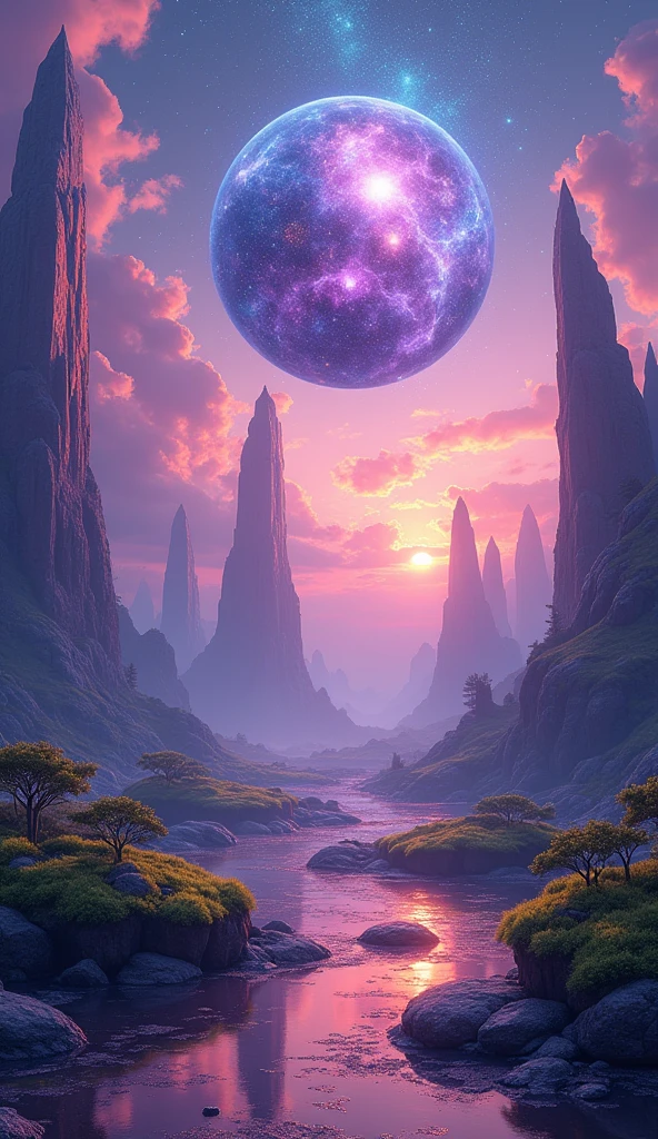 Imagine a surreal landscape where the sky is an endless canvas of shifting colors—vibrant purples, deep blues, and fiery oranges blending together in a mesmerizing dance. In the distance, towering crystalline structures rise from the ground, their surfaces reflecting the ever-changing hues of the sky. The ground is covered in a soft, glowing moss that emits a gentle light, casting long shadows as it sways in a nonexistent breeze. Floating islands, each with its own miniature ecosystem, drift lazily in the air, connected by delicate bridges of light that pulse with energy. In the center of this otherworldly scene, a massive, transparent orb hovers, containing a swirling galaxy of stars and nebulae, its light casting an ethereal glow over the entire landscape. The air is filled with a faint, melodic hum, as if the very fabric of reality is singing
