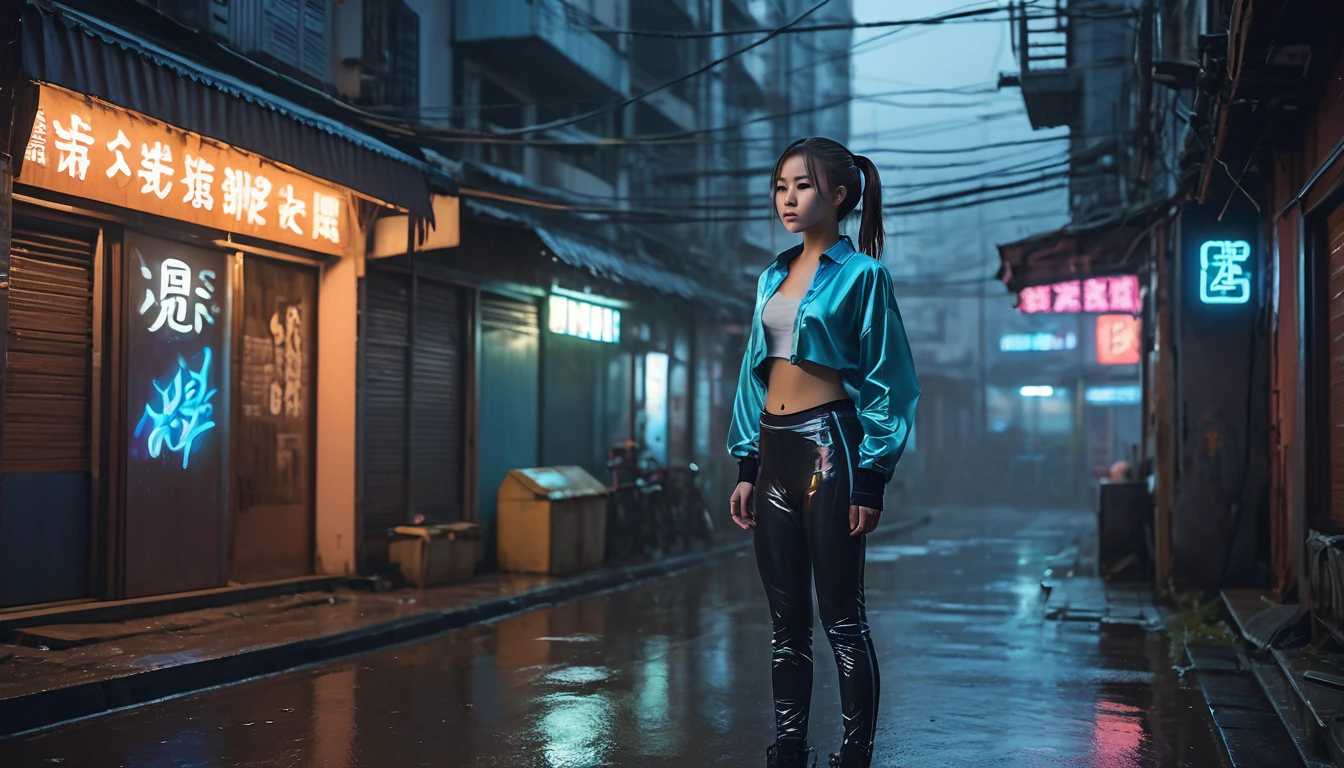 Highest quality, masterpiece, High resolution, 8k, (((She wore an oversized silk blouse and wet-look leggings.、Cute and skinny、Barely an adult, Bare Belly, wide neckline, Deep neckline, small and taut breasts, Beautiful attention to detail, Beautiful lip detail, Small closed mouth, Highly detailed face, Long ponytail, Small hips))), Cyberpunk Apartment, Gloomy atmosphere, Dramatic and random neon colors, Futuristic Setting, Intricate details, At night, Backlight, Full Body Shot, A view from afar 