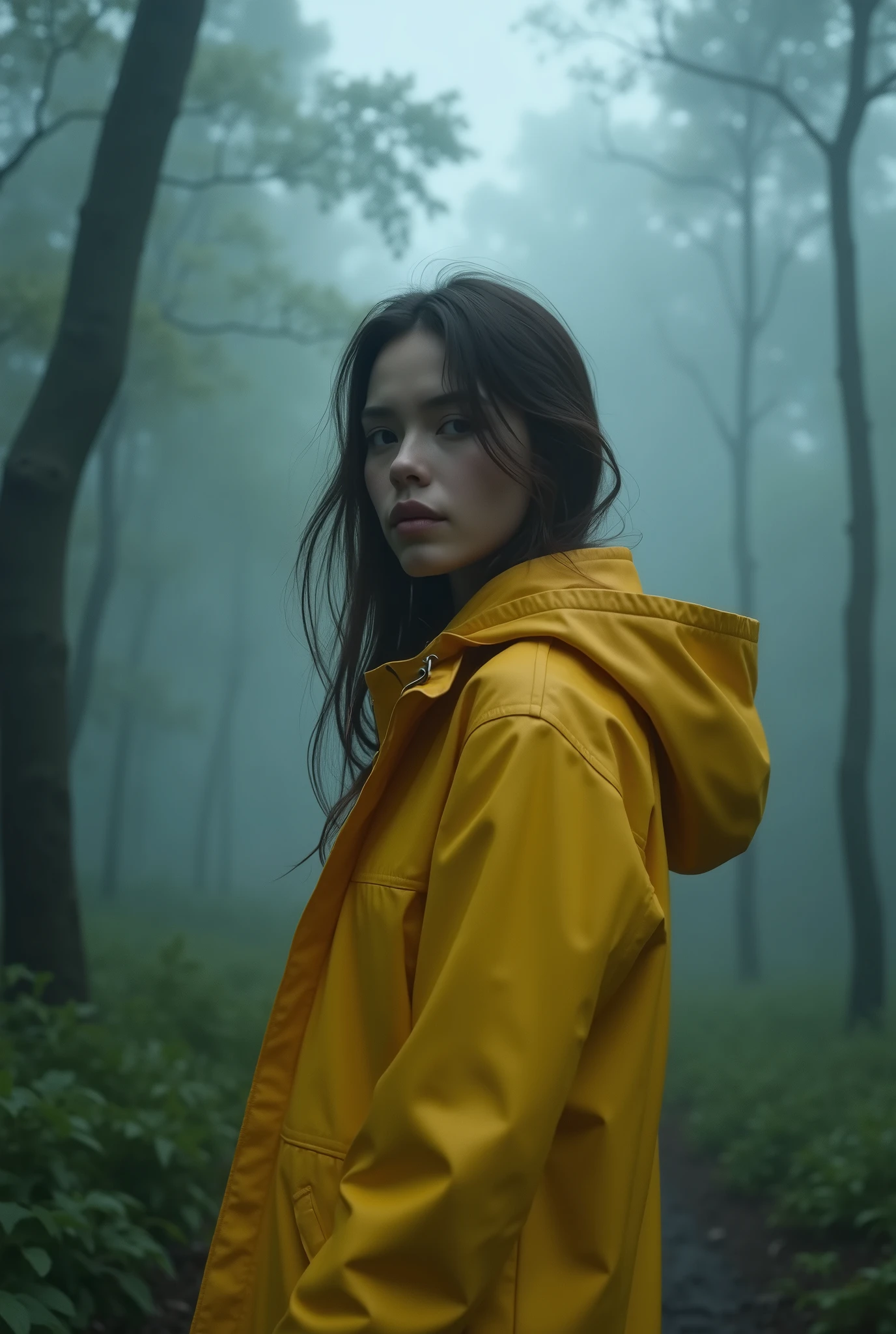 Adult girl wearing yellow rain coat, Mysterious Fog at jungle, Symbols of death appearing from the mist, reaching out to grab you, an ominous atmosphere, a production that stirs up anxiety and fear, ((masterpiece, highest quality, Highest image quality, High resolution, photorealistic, Raw photo, 8K)), ((Extremely detailed CG unified 8k wallpaper)), (huge stunning goddess shot, very hot and sexy, jaw-dropping beauty, perfect proportions, beautiful body, slim body beauty:1.4),