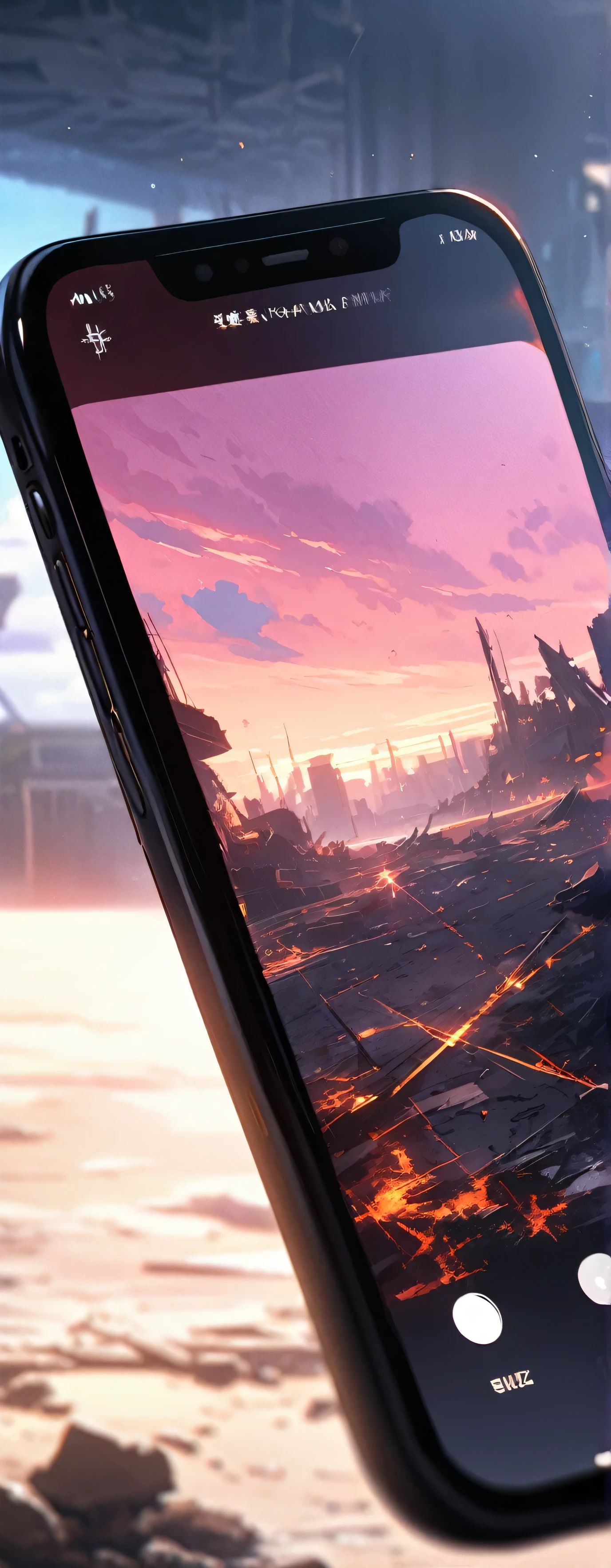 masterpiece, Highest quality, Ultra-high resolution,rich contrast,super high quality,8k,Highly detailed CG unit wallpaper,Ultra-high resolution,RAW Photos, Depth of Field 1.2,smartphone screen,smartphone screenには街で立つ美少女が写っています,The world on the side holding the smartphone shows a wasteland with rubble remaining.,These two should not be confused, but should be clearly distinguished from each other.