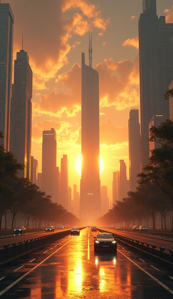 Imagine a futuristic city where ancient, crumbling ruins coexist with sleek, ultra-modern skyscrapers. The streets are paved with smooth, reflective glass, and above, the sky is split into different time zones—one side a bright, clear day, the other a star-filled night. Vehicles hover silently through the air, and the city is bathed in the golden light of a setting sun that never fully sets. In the heart of the city stands a colossal clock tower, its hands moving in reverse, as if counting down to an unknown event.