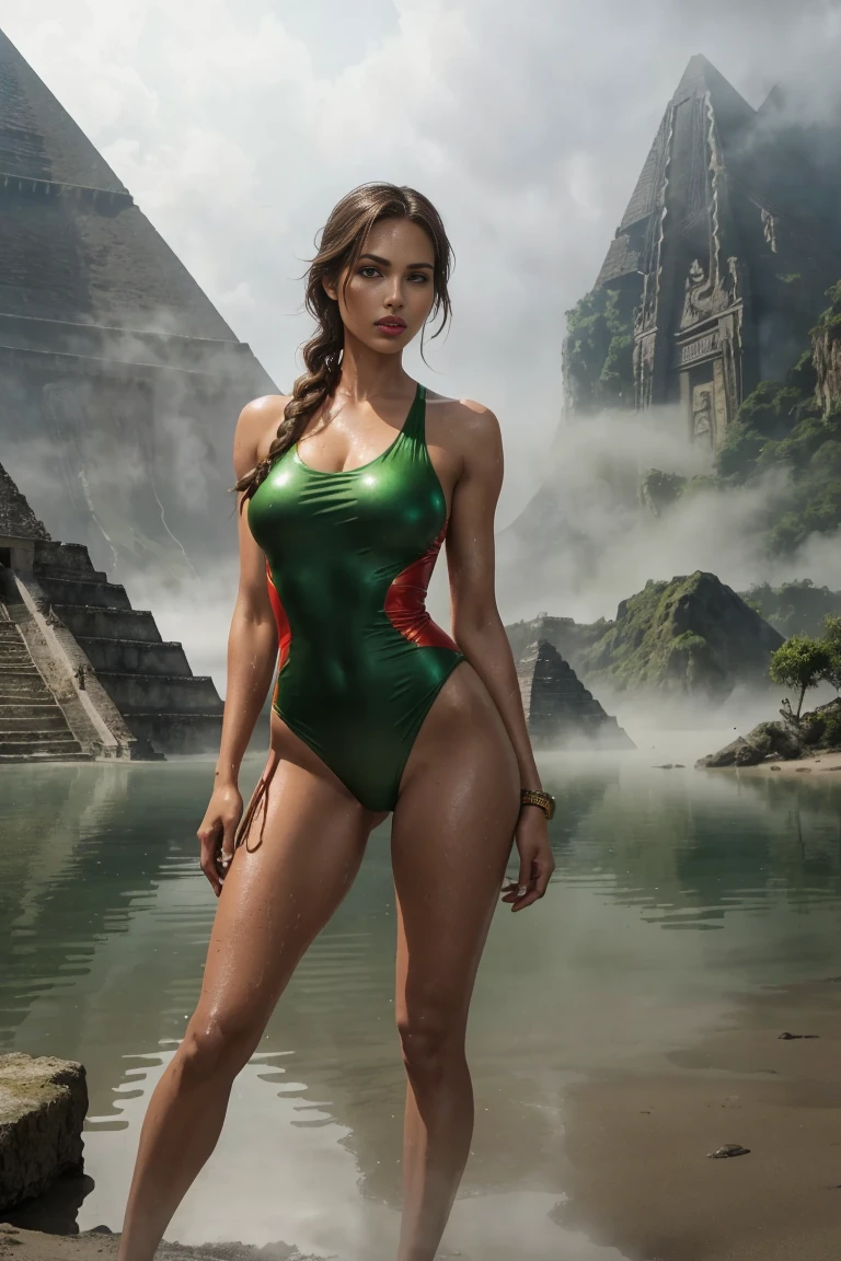 full length sexy beauty Lara Croft, slim, tall, brown long braided hair, brown eyes, red lips, athletic slim figure, body-hugging green glittery one-piece bathing suit, standing on the shore of a primeval lake, Aztec pyramid blurred in the distance, mist, fog, blurred shadows, photorealistic