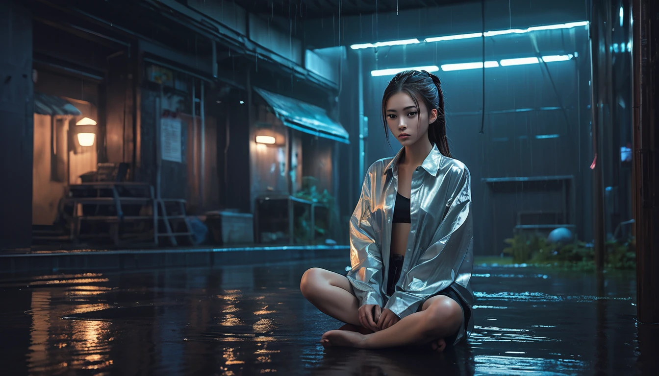 Highest quality, masterpiece, High resolution, 8k, (((She wore an oversized wrinkled shirt and wet-look leggings.、Cute and skinny、Barely an adult, Bare Belly, wide neckline, Deep neckline, small and taut breasts, Beautiful attention to detail, Beautiful lip detail, Small closed mouth, Highly detailed face, Long ponytail, Small hips))), Cyberpunk Apartment, Gloomy atmosphere, Dramatic and random neon colors, Futuristic Setting, Intricate details, At night, Backlight, Full Body Shot, A view from afar 