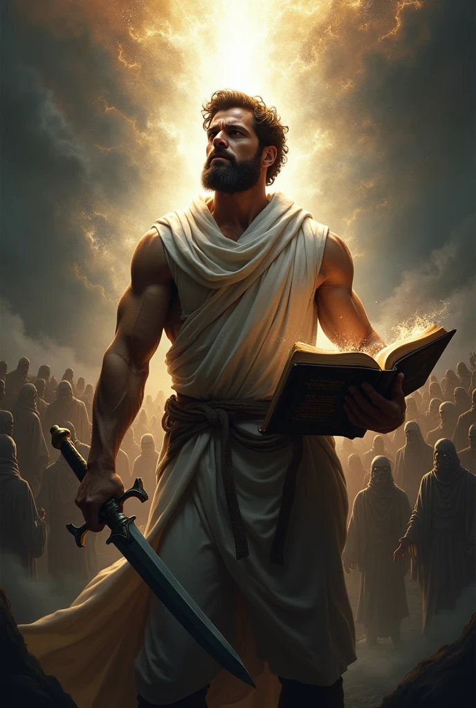 A man with a dagger on his right hand, and bible on his left hand, as a shield his eyes were shining , his body was surrounded with light