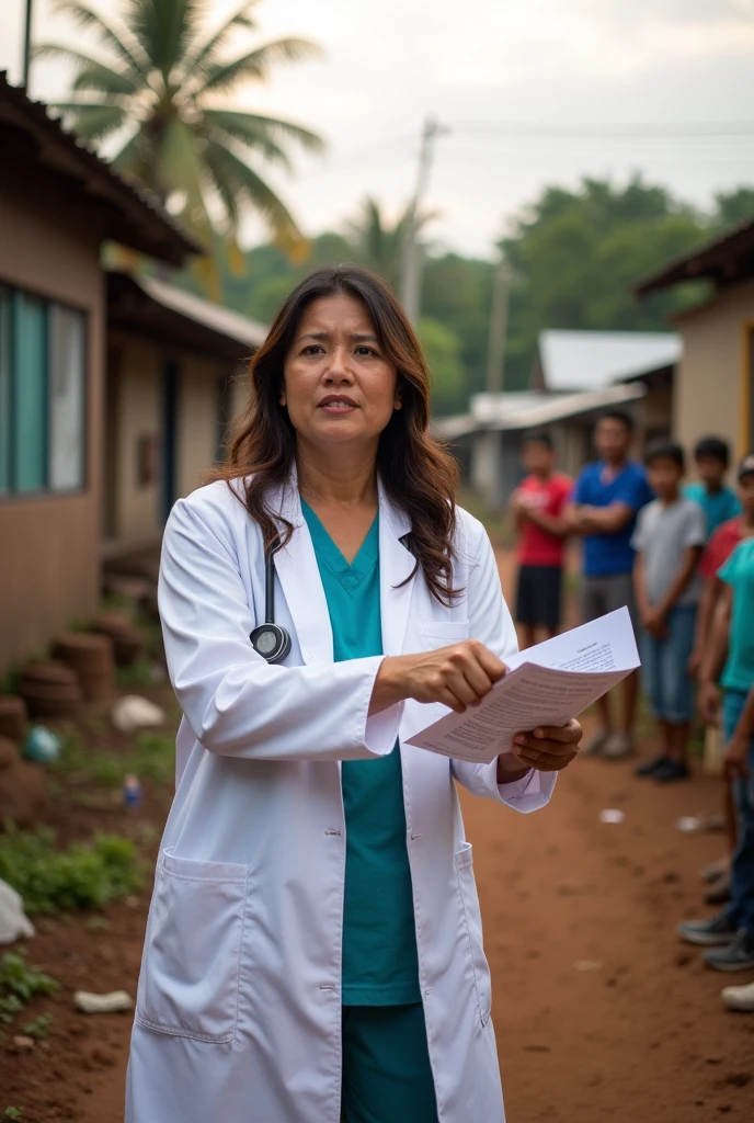 depict a pivotal scene featuring Dra. Ria in Brgy. Mulanay. Show her actively engaged in addressing a public health crisis caused by non-potable water. The setting should include a rural community with visible signs of struggle related to poor water quality.