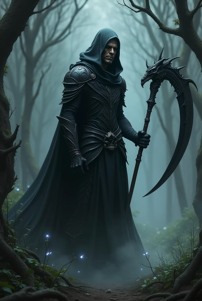 A dark elf man with a black scythe and a skull mask In light armor
