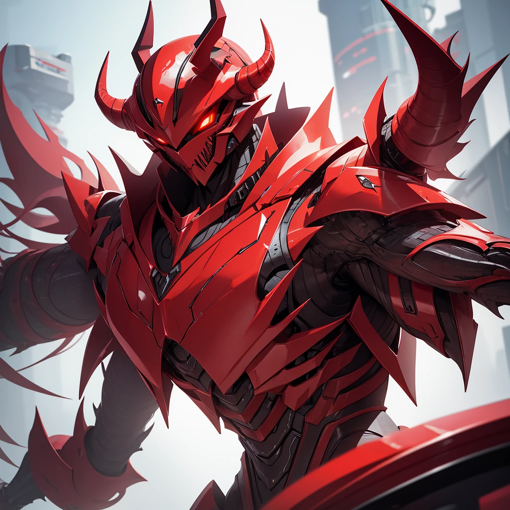 Create a beastly alien, a demon with horns and futuristic armor with red details. Must be half humanoid and robust.