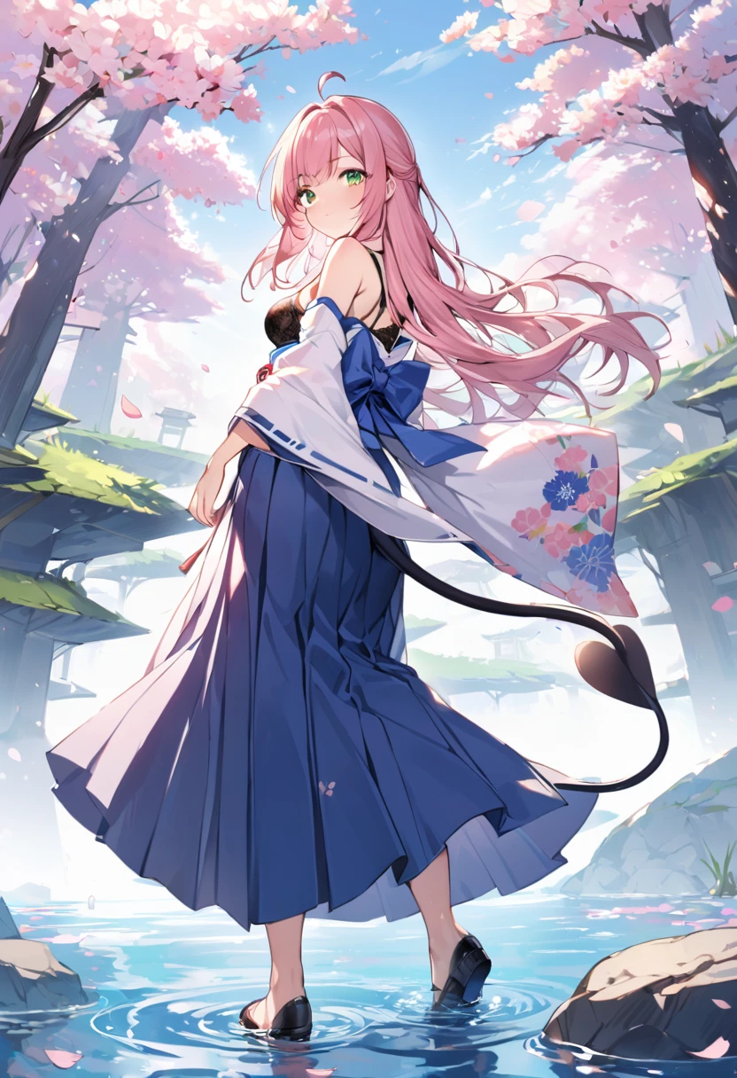 1girl, solo, long hair, breasts, looking at viewer, blush, bangs, skirt, bare shoulders, medium breasts, closed mouth, underwear, green eyes, standing, tail, full body, pink hair, ahoge, outdoors, detached sleeves, japanese clothes, looking back, wide sleeves, kimono, water, from behind, black footwear, bra, blue skirt, sash, obi, cherry blossoms, black bra, hakama, demon tail, hakama skirt, wading, long skirt, white kimono, hip vent, blue hakama