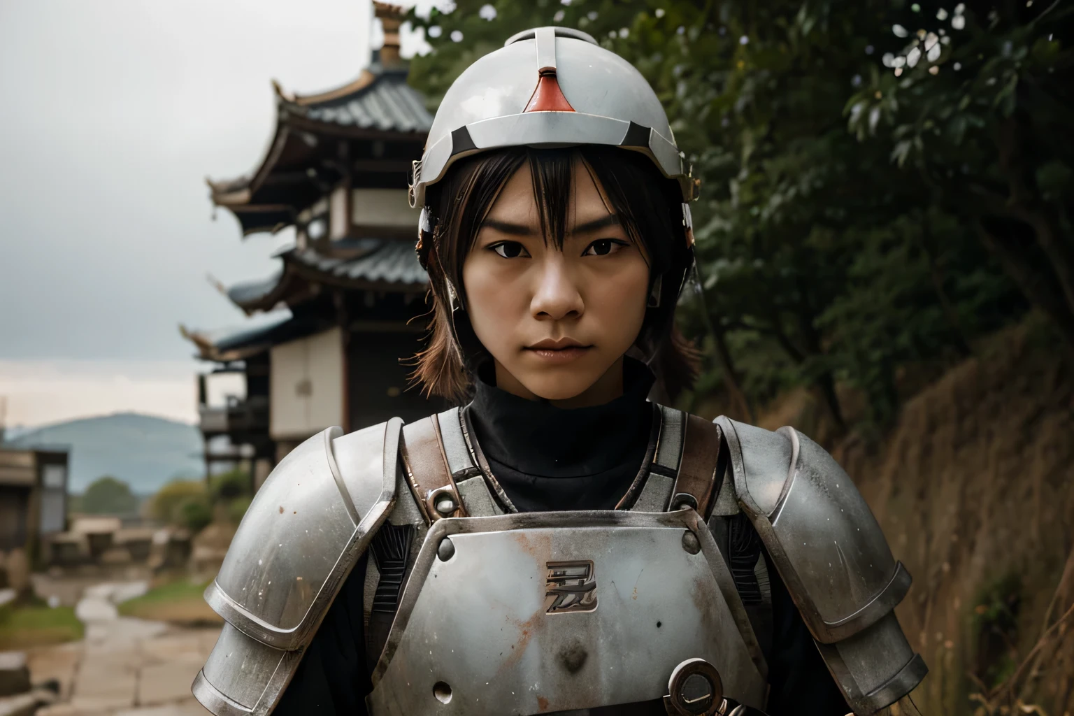 generate white armor samurai, with helmet, with a war background(medium deph of field) . midshot composition. 
