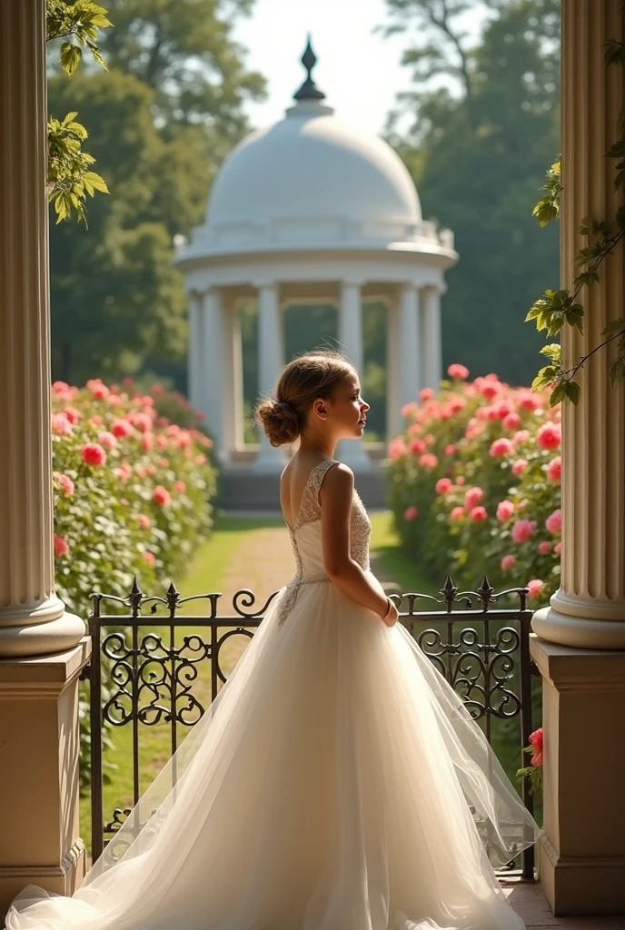 A classic white dome with two intricately designed columns. Between the two pillars is a chest-high iron fence.. On the other side of the fence are lush trees with velvet roses peeking out.. Girl with a white, flowing wedding dress, shoulder to shoulder pillow on fence, dreamily looking at the flowers. She has deep eyes, slightly pouting face. Five senses in harmony, silky hair tied back in a low bun. Soft sunlight covers the scene