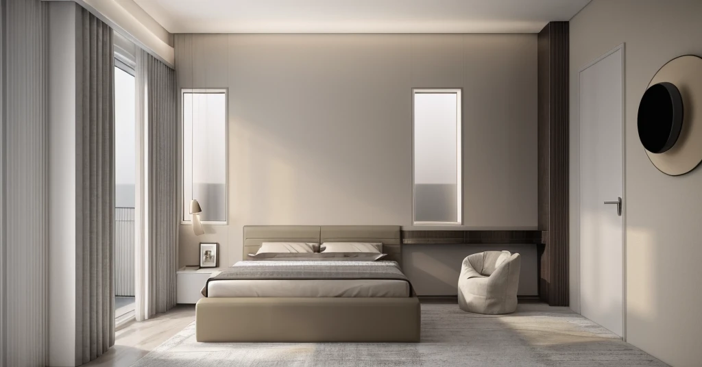 Modern bedroom interior, sleek design, (two windows with curtains at the head of the bed:1.5), color scheme: grey and white, minimalist furniture, clean lines, contemporary décor, natural light, cozy ambiance, soft textures, elegant bedding, neutral tones, uncluttered space, simple yet sophisticated, masterpiece