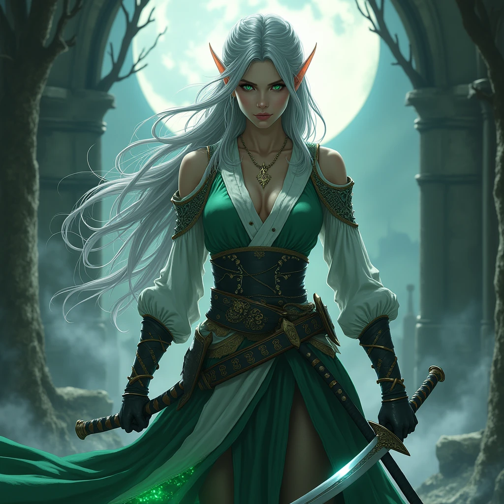 a elf woman with two sword, Katana Zero video game character, female protagonist Official character illustrations, female assassin, dramatic katana pose, Knights, female anime character, katanas strapped to her back, samurai, 2b, unsheathing her katana, Female action anime girl, whitcher