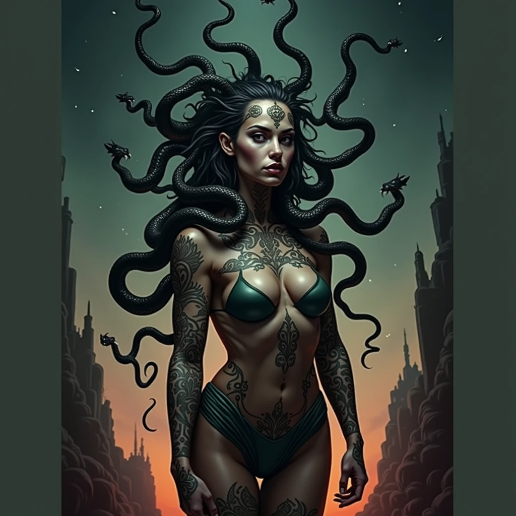 ((Medusa, gorgonian, (Face, black ornate metal paint, looks like Grace Jones), calvo, snakes on the head, morphology anatomy drawn Frederic Delavier musculature anatomical illustration, ful dressed de pele de cobra, (cos, Naga, snake people, lower cos snake tail, hybrid woman cobra, baldie, skeletor, snake skin tattoos, piercing eyes, snake pupils, living snakes on the head, snake hair, snake hair over the shoulder) )), no light source, darkness, abyss, (horor, abstrato, surreal, cos, Cosmic), ((home page comic book cover, ink style figure, (expressiva Joelle Jones e "Sean Gordon Murphy" comic drawing), Void, no visibility darkness, no words, (fund, pine trees, entropy, renaturalization, magic hour sunset, stars of the galaxy, kosmos), cinema poster, retrato de cos inteiro, candid, (Gerardo Zaffino Coal), (colors, sombrio silenciado profund ardente radiante brilhante ROYGBIV, verde floresta, Earth Brown, Subliminal orchids, nyctophobia, silhuette, Double exposure, image within the image, nuance of craftsmanship, unfinished expressive sketch )), (SFW), ful dressed
