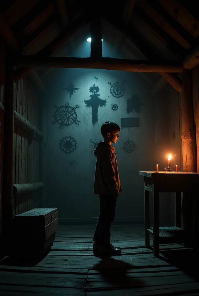 A teenage boy standing in a wooden cabin with symbols on the walls black and white horror scene
