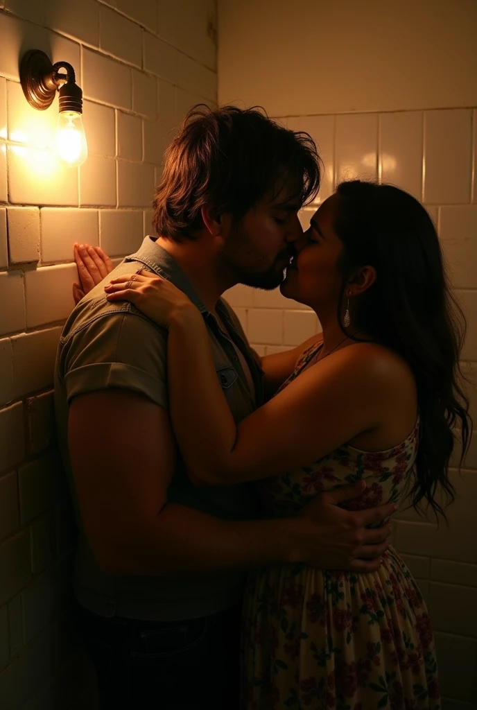 man kissing a very fat woman in a dark bathroom 