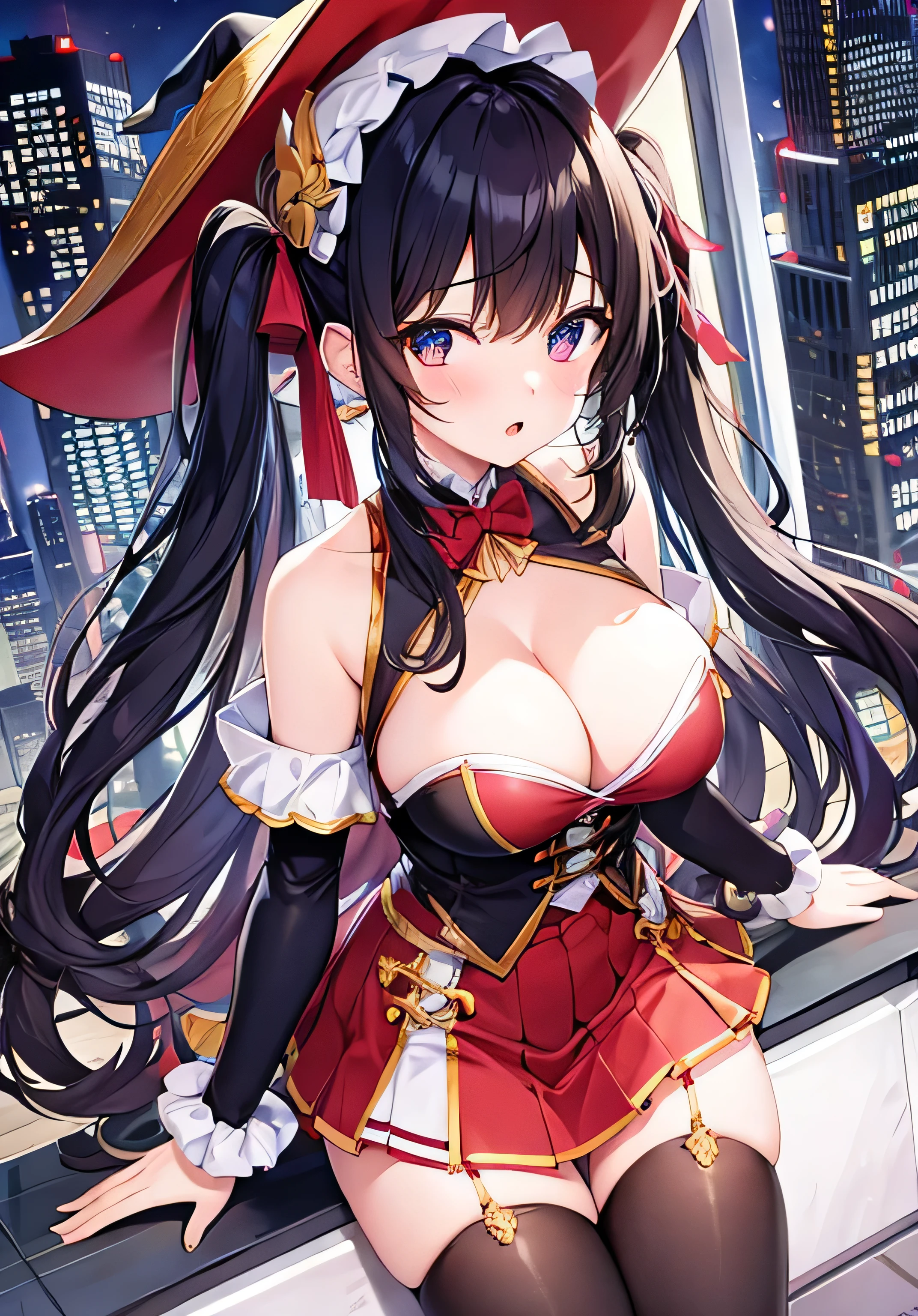 masterpiece、Highest quality、Ultra-high resolution、nsfw、age girl with big breasts、twin tail hairstyle、black hair、Red face、shyly、open your mouth just a little、Witch costume with visible cleavage for teengirls、mini-skirt for teenage s、thigh-high socks for teenage girltch's hat for teenage girls、On roof of a building at night、skyscrapers at night、at night time