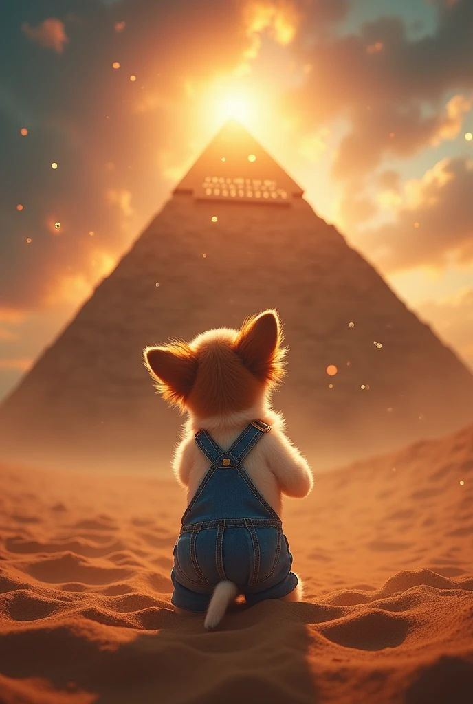 {
"size": "1792x1024",
"prompt": "A small brown and white puppy stands on its hind legs in front of a massive pyramid under a glowing sky. The puppy wears denim overalls, surrounded by swirling sands and mystical lights. Magical energy radiates from the pyramid, with ancient symbols glowing faintly on its surface. The puppy's eyes reflect the powerful aura, creating a scene filled with mystery and adventure. The image is 16:9, capturing the dramatic contrast between the small puppy and the a