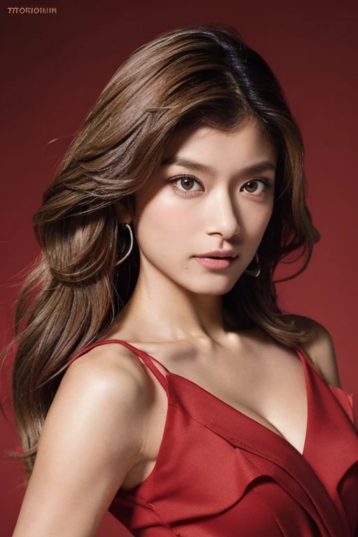 20-year-old girl,in love,Blushed,(Medium long light brown hair),Loose fitting shirt,Lively,Medium chest,background,desaturated background,Bokeh,Dark Theme,Calm tone,Calm colors,High Contrast,(Natural skin texture, Hyperrealism, Soft Light, sharp), (upper body), Waistline, Artistic photography,(Bare shoulders),(Cover your chest with red cloth),