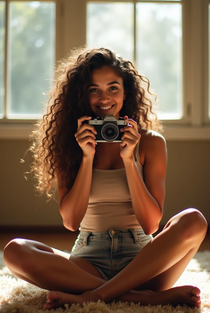 A brunette girl with curly hair and big breasts sits with her legs stretched out, taking a realistic photo