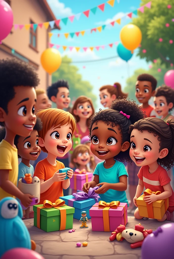 make a cartoon drawing of children receiving toy donations
