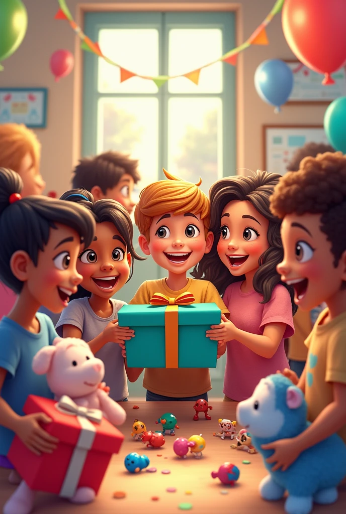 make a cartoon drawing of children receiving toy donations