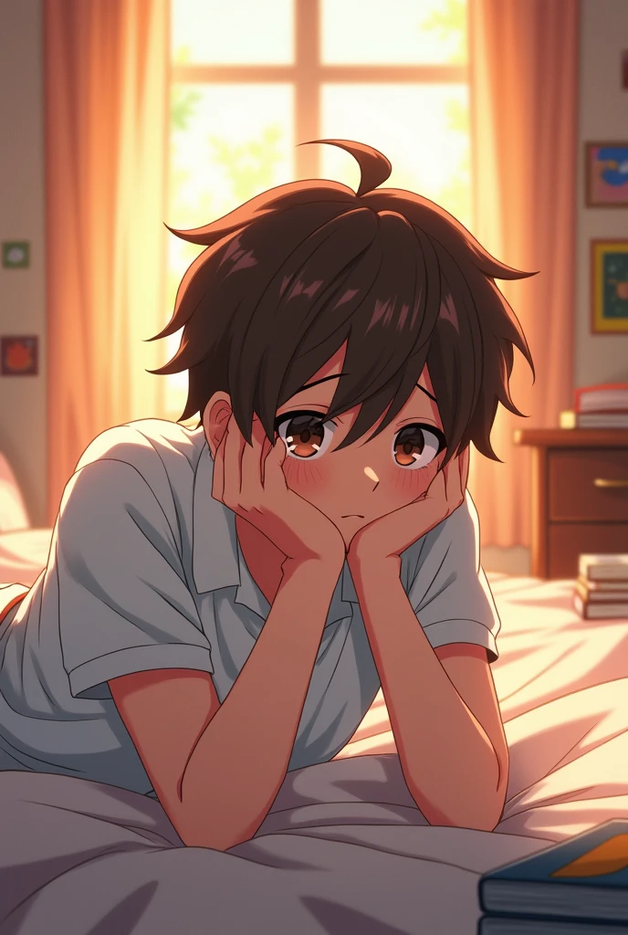 A teen with brown hair and eyes good jawline wearing a white polo laying on his front in bed while his both hands on his face looking exhausted (anime image)