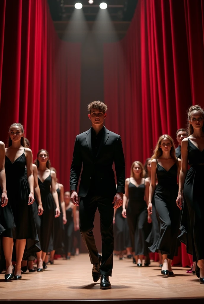 PANTS, body referring to wool weddings for a reign choreography, men with black shirt and pants. Women in heels and men in shoes. Having a wool design for a glamorous school pageant