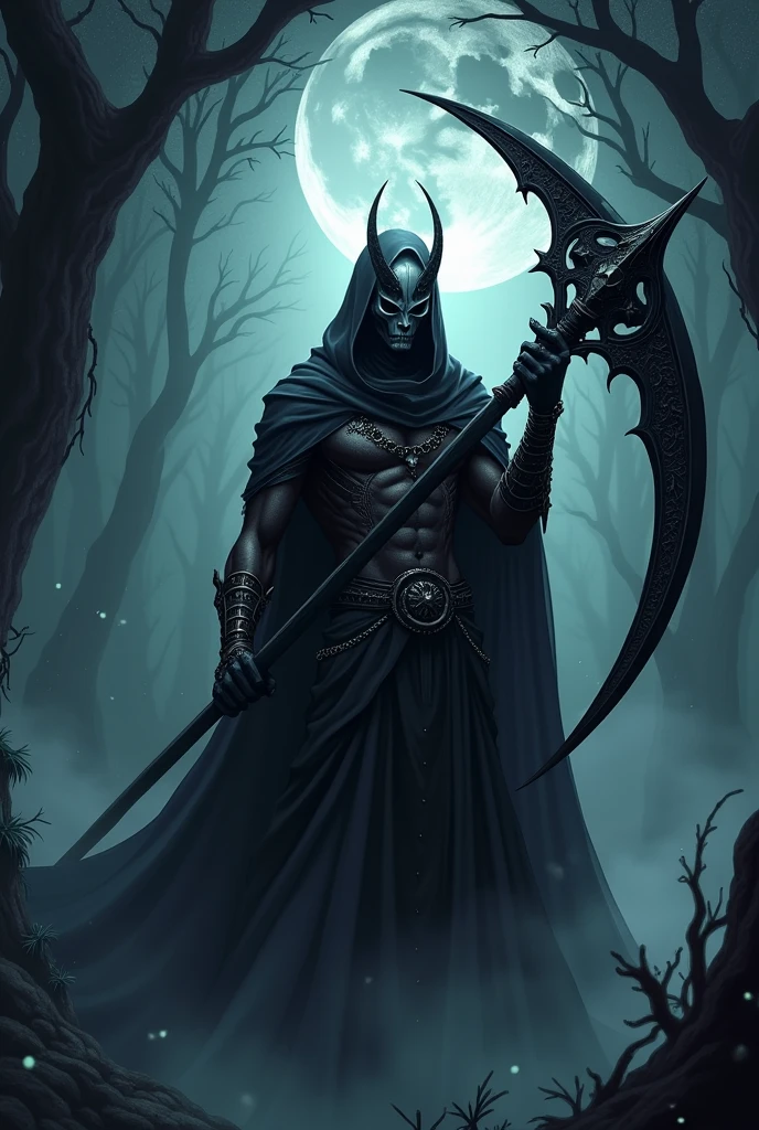A dark elf man with a black scythe and a skull mask In light armor Anime