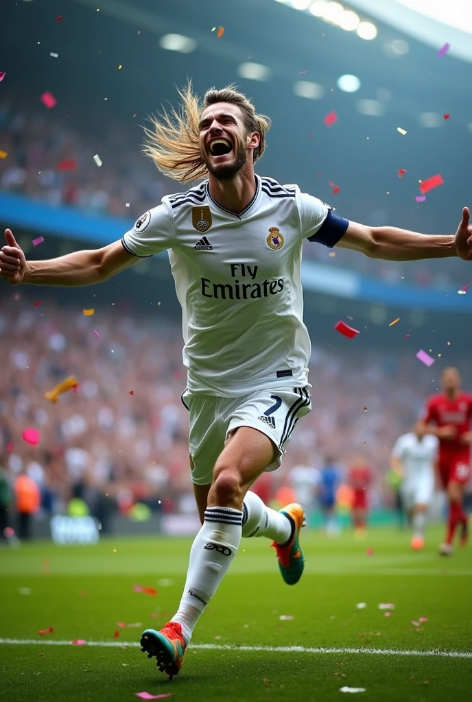 an image of Gareth Bale running with his arms outstretched and his long hair and the captain's armband celebrating after scoring in the 2018 UCL final