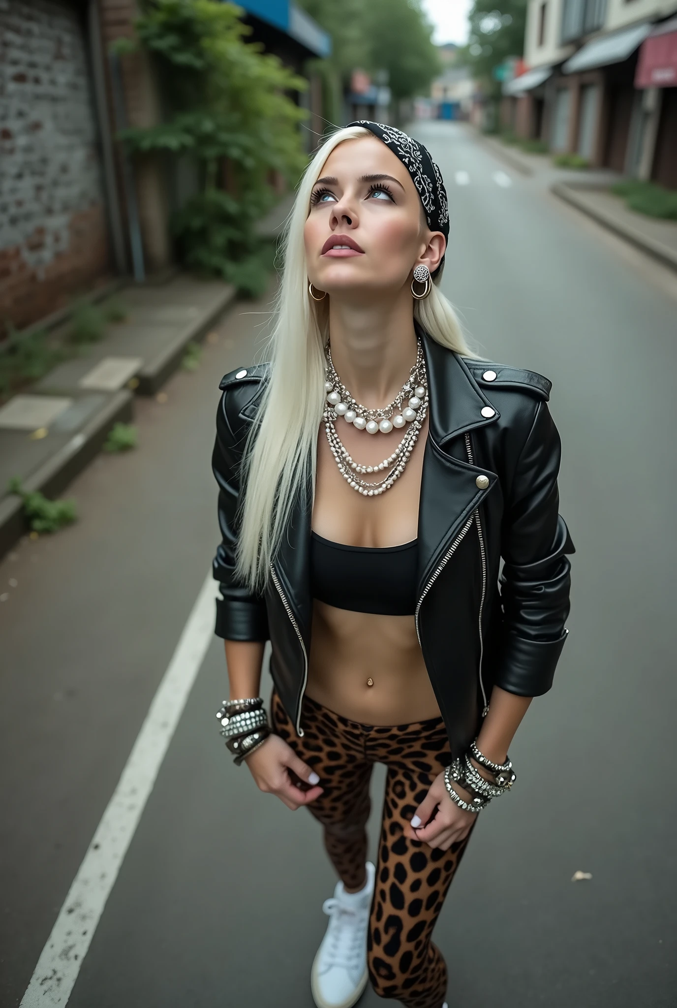 russian milf woman, biker gang member, platinum blonde hair (straight, middle part) with bandana headband, with very light blue eyes, extremely pale. Wearing cropped black moto jacket, push up bra bra, leopard print leggings and white tennis sneakers . Lots of metallic bracelets and lots of white pearl collars.Hands in hips. Wide loop earrings. Looks up, overwhelmed: she tinks God is speaking to her