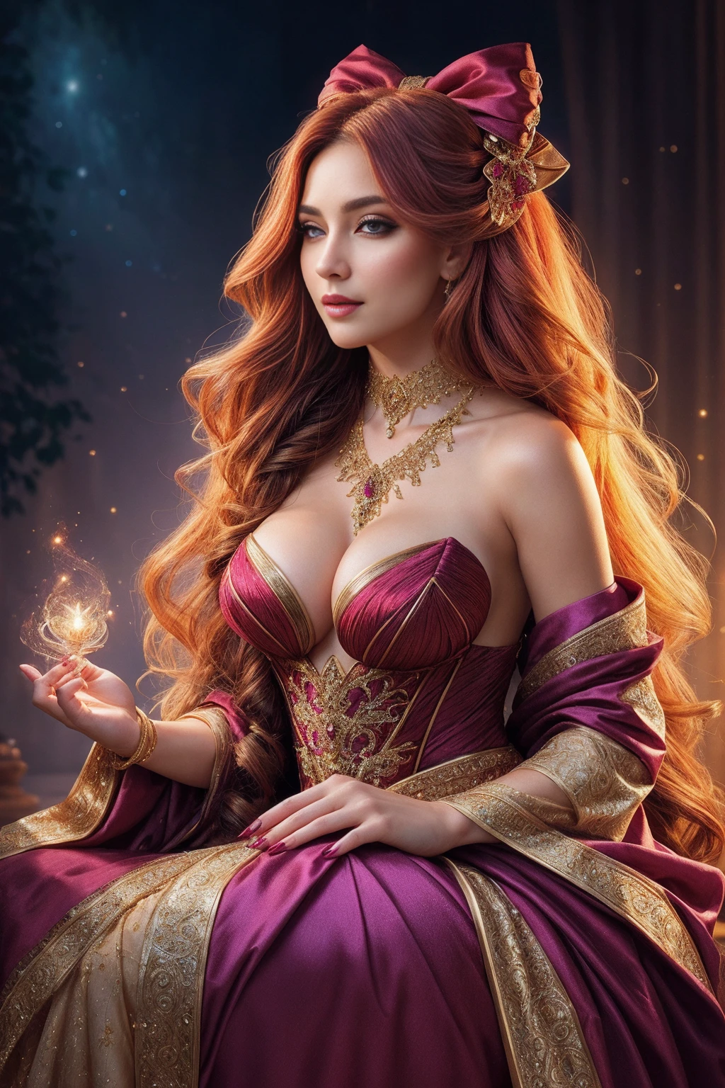 1girl, long_hair, bright_hair_color, seductive_eyes, mysterious_expression, mature_appearance, glamorous_outfit, flowing_dress, elegant_jewelry, intricate_embellishments, magic_symbols, glowing_accessories, potions, scrolls, cute_accents, bows, ribbons, flowers,
