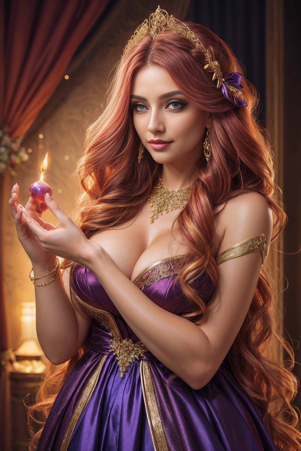 1girl, long_hair, bright_hair_color, seductive_eyes, mysterious_expression, mature_appearance, glamorous_outfit, flowing_dress, elegant_jewelry, intricate_embellishments, magic_symbols, glowing_accessories, potions, scrolls, cute_accents, bows, ribbons, flowers,