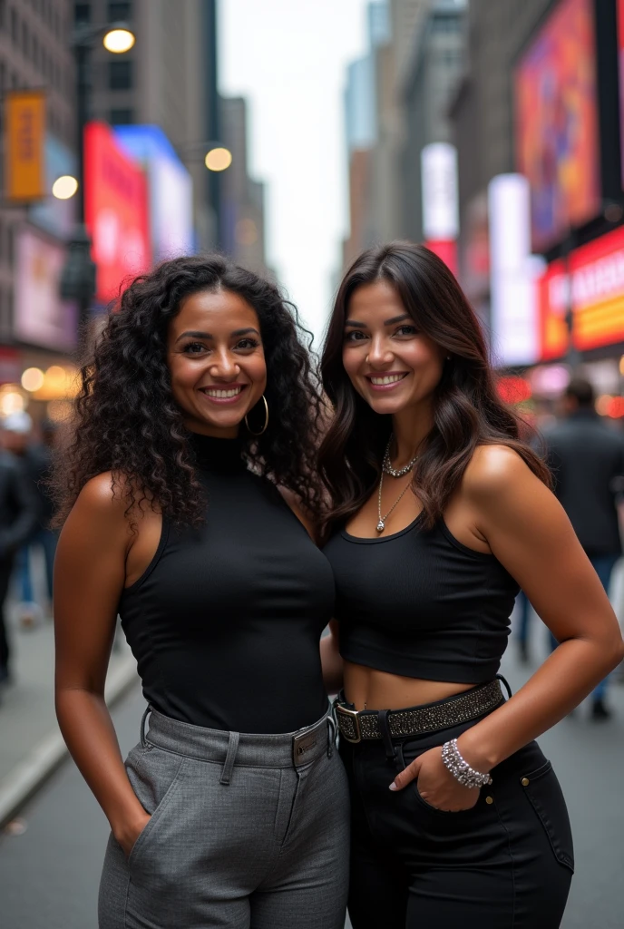 (masterpiece, best quality), beautiful dark asian woman, detailed sleeveless turtleneck top, These strong, confident women have medium to plus size bodies, large chests, large hips. Attractive and curvy Eastern European chubby and curvy women, pants, necklace, wavy hair, perfect face, beautiful face, alluring, big gorgeous eyes, open mouth, happy, perfect slim fit body, (outdoor), city streets, new york, bright colors