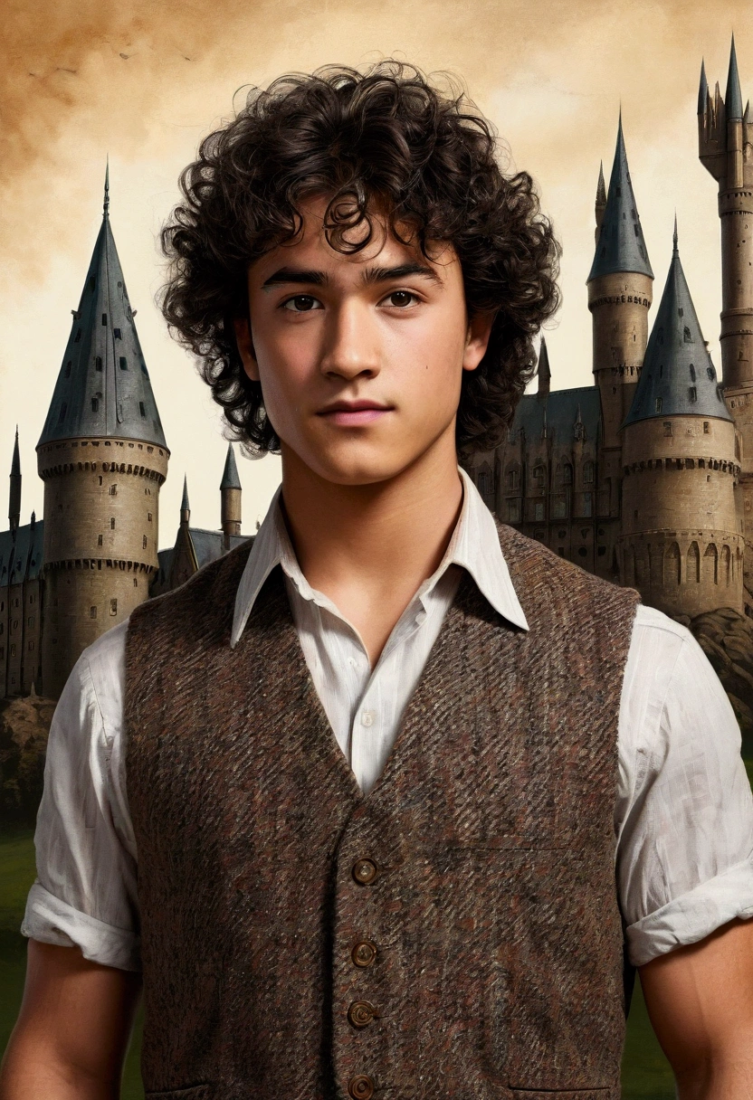An illustrated movie poster, hand-drawn, full color, a Hogwarts Professor, 21 years old, male, brown eyes, brown-black hair, voluminous curly mane, suntan complexion, medium height, broad shoulders, stocky frame, muscular, rugged scruffy appearance, lots of body hair, resembles Gavin Leatherwood, wearing a tweed vest and slacks, standing in front of the Hogwarts castle, hard shadows, graphite shading, stencil marks, airbrushed acrylic paint, masterpiece, in the style of the Deathly Hallows