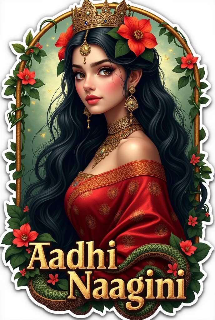 Create a sticker .Girl wear red saree with flowers as serpent queen.but include name Aadhi Naagini in the sticker .include crown on her head.